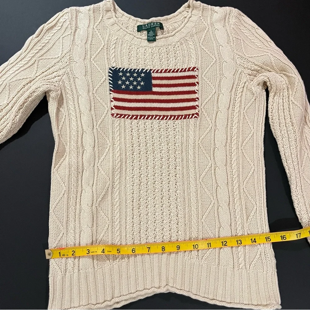 Ralph Lauren Cream Cable Knit Crewneck Sweater with Flag Patch - Picture 4 of 6